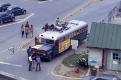 Color photograph of protesters' van on campus