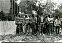 Black and white photograph of a group of protesters