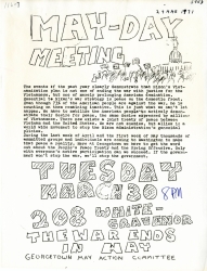 Black and white May Day organizational meeting flyer