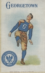 Fabric swatch with image of a blue-shirted football player kicking an unseen ball
