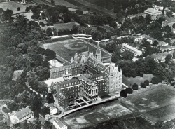 Black and white aerial view of campus