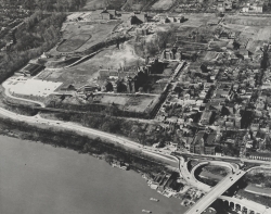 Black and white aerial view showing the river, campus and the surrounding area