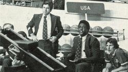 Black and white photo of Dean Smith and John Thompson wearing suits and ties
