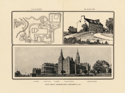 Map of campus accompanied by a black and white photo of campus buildings and a line drawing of Old South, the first GU building