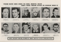 a printed page containing black and white portraits of twelve football players arranged in two rows. a typewritten title above the photographs reads "from blue and gray to red, white, blue they gave their lives in world war ii." names and information about each player pictured is typewritten below his photograph.