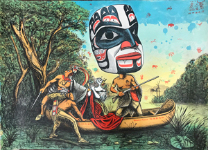 Lithograph of American Indians with a canoe in a forested river; one has an oversized Mayan ceremonial mask for a head and their prisoner is rendered as a cartoon duck.