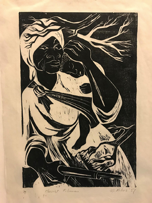 Woodblock print depicting Harriet Tubman walking through the forest at night and carrying a gun.