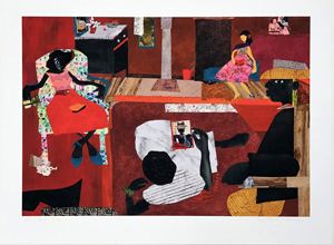 Scene of a Black family at home, with four figures seated in the room but each separate, all rendered in a variety of textures.