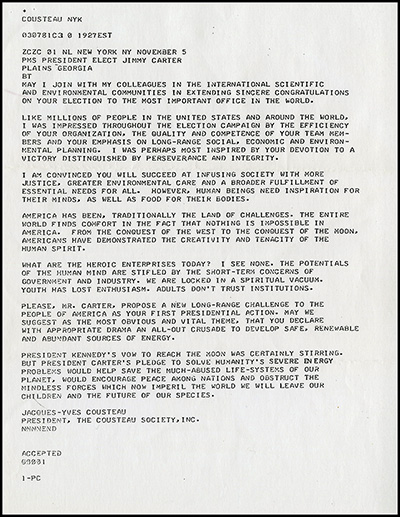 Cousteau telegram to President-elect Carter