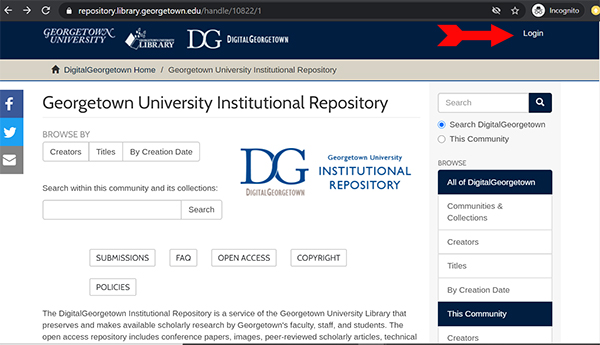 A screenshot of the DigitalGeorgetown website, with an arrow pointing to the Login link in the upper right corner