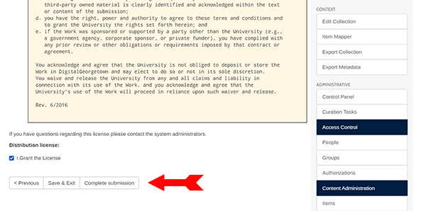 A screenshot of the DigitalGeorgetown website, showing the Review Submission section of the Item Submission form, with an arrow pointing to the Complete Submission button
