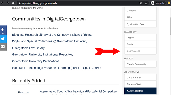 A screenshot of the DigitalGeorgetown website, with an arrow pointing to the Submissions link in the My Account section of the right sidebar