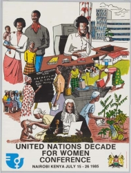 Conference Poster from 1985, showing Kenyan women working at many different types of jobs, including judge, farmer, teacher, and office worker