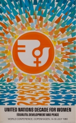 Conference Poster from 1980, showing an orange sun with rays bursting from it, reflected in the water, with a stylized white dove in the center