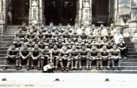 Jack the first, mascot, with the 1927 football team on the steps of Healy Hall