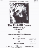 A flyer advertising The Kick-Off Dance with a black and white photograph of Jack, the dog mascot, at the top of the page.