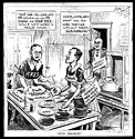 Harry Hopkins cartoon by Raymond Oscar Evans, showing Ickes and Hopkins making pies with PWA dough, as President Roosevelt yells into the kitchen, admonishing them to get along without squabbling