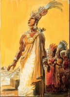 Illustration of men in headdresses, for McNeer's book The Mexican Story