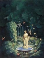 Illustration of a fountain in the forest, for Peattie's book A Cup of Sky