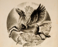 illustration of a boy on a horse with wings, and a dragon by Lynd Ward