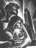 Illustration from Song Without Words, showing a woman holding an infant, with a man embracing them both