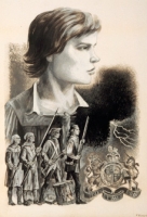 Illustration of young boy's head and soldiers, for Fritz's book Early Thunder
