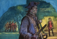 Illustration of pirates with guns for the cover of Stevenson's book Treasure Island