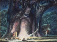  An illustration of lovers embracing under a large tree, for Cloete's  book The Curve and the Tusk
