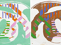 Untitled, showing a pair of reflected boot-like shapes, intersected with colorful parallel lines