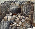 Color etching of the villag eof Phuktal, nestled in the mountains