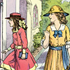Illustration from Which One Are You? A Conscience Book for Little Folks, showing two girls walking, one of whom is turning to enter a church