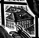 Engraving of Giambatista Bodoni, detail showing house seen through window