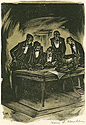 The Booklover, four men stand around a fifth man seated at a desk and holding a book