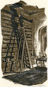 The Booklover, a man atop a tall ladder retrieves a book from the top shelf of a library