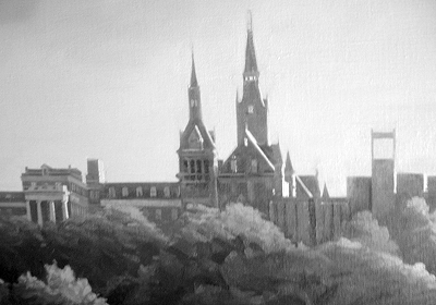 Detail of Bradley Stevens' painting, with Healy Hall and Lauinger Library