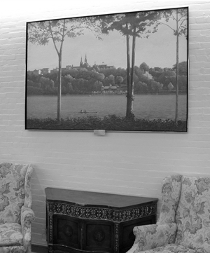 Installation view of Georgetown from the Virginia Shore across from the entrance to Riggs Library