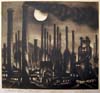The aquatint Bethlehem Steel in moonlight, showing the many smokestacks rising above the lit up buildings, and the smoke of the nearest tower partially blocking the full moon