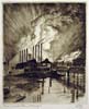 Drypoint print The Converter at Night, showing a steel plant on the river silhouetted by fire and smoke