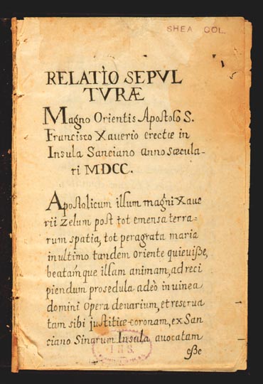 Relatio sepulturæ magno orientis apostolo S. Francisco Xauerio erectæ in insula Sanciano anno sæculari MDCC