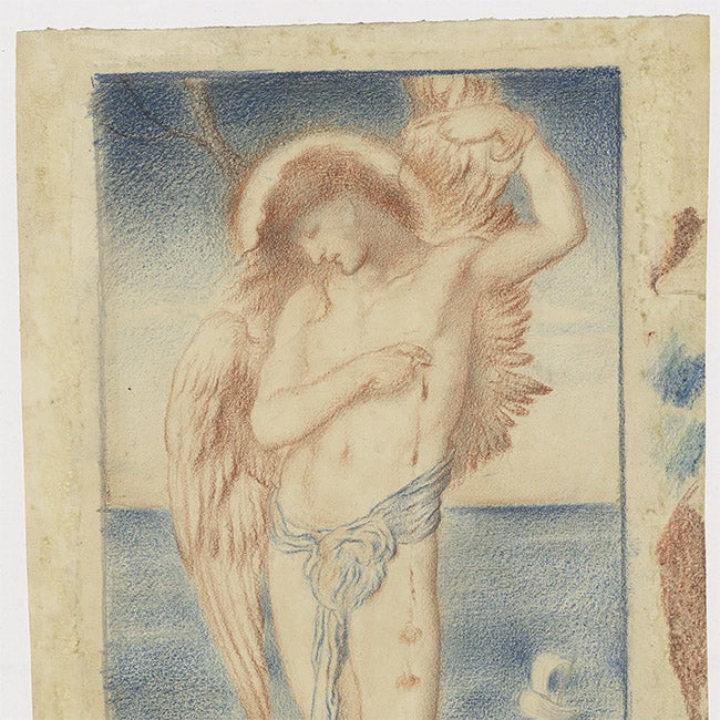 after conservation image of a Romantic drawing of winged Eros or Love with a one hand bound and the other pointing to a bleeding wound on his torso