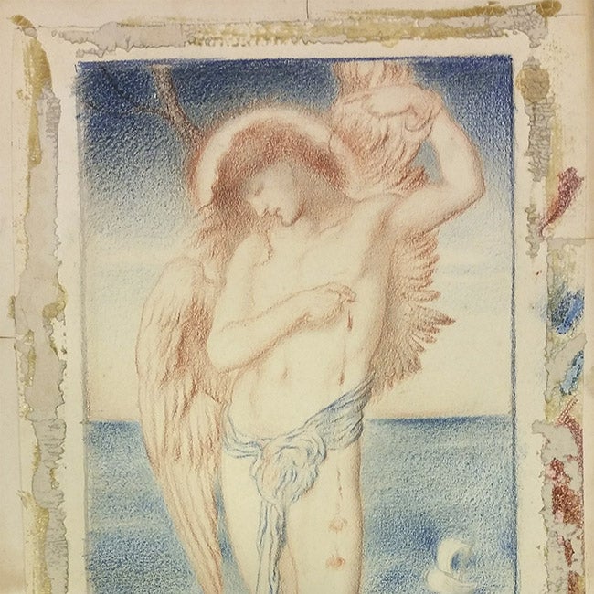 before conservation image of a Romantic drawing of winged Eros or Love with a hand bound the other pointing to a bleeding wound on his torso