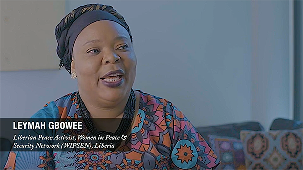 Leymah Gbowee talks during an interview