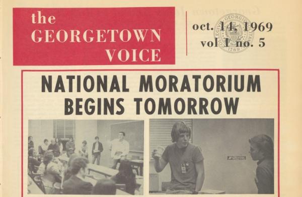 Portion of the fifth ever The Georgetown Voice. Reporting on the first National Moratorium in protest of the Vietnam war. October 14, 1969.