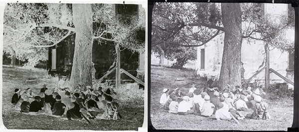 Image from Woodstock College Archives Photograph Collection. Lefthand side shows the negative and righthand side shows the scan negative reverted.