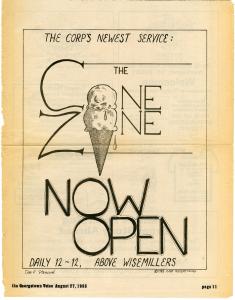 Image of an advertisement shown in the August 27, 1985 issue of The Georgetown Voice with the text "The Corp's Newest Service The Cone Zone Now Open Daily 12-12 Above Wisemillers." The words "Cone Zone" are stylized to include an ice cream cone with two scoops of ice cream in place of the "O's".