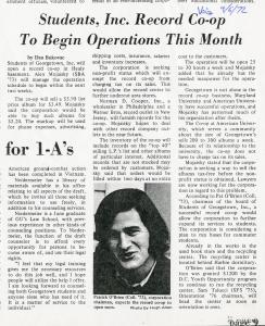 Image of a newspaper article from the September 6, 1972 issue of The Georgetown Voice with the headline "Students, Inc. Record Co-op To Begin Operations This Month" and features an image of Corp chairman Patrick O'Brien.