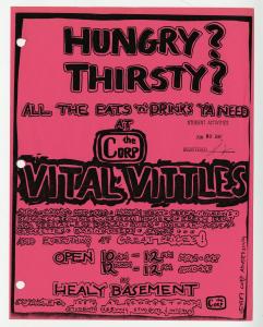 Image of a bright pink advertisement produced by The Corp in 1987 that reads in part "Hungry? Thirsty? All the eats 'n' drinks ya need at Vital Vittles."