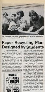 Image from a news article from the February 15, 1974 issue of The Hoya with the headline "Paper Recycling Plan Designed by Students." The article also includes an  unrelated image of two male students sitting in a classroom. One student has his hand raised as if to ask a queston.