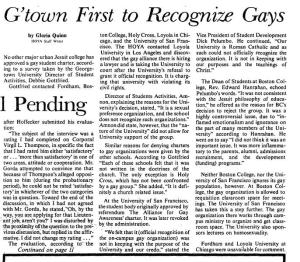 News article from "The Hoya" with the headline "G'town First to Recognize the Gays" from the February 2, 1979 issue.