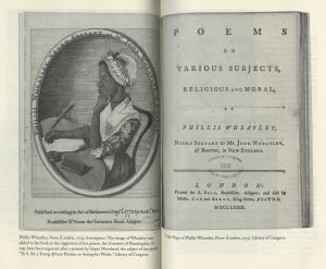 Image of the title page and frontispiece to the book Phillis Wheatley. Frontispiece image is an engraved portrait of Wheatley seated at a table and writing on a piece of paper.